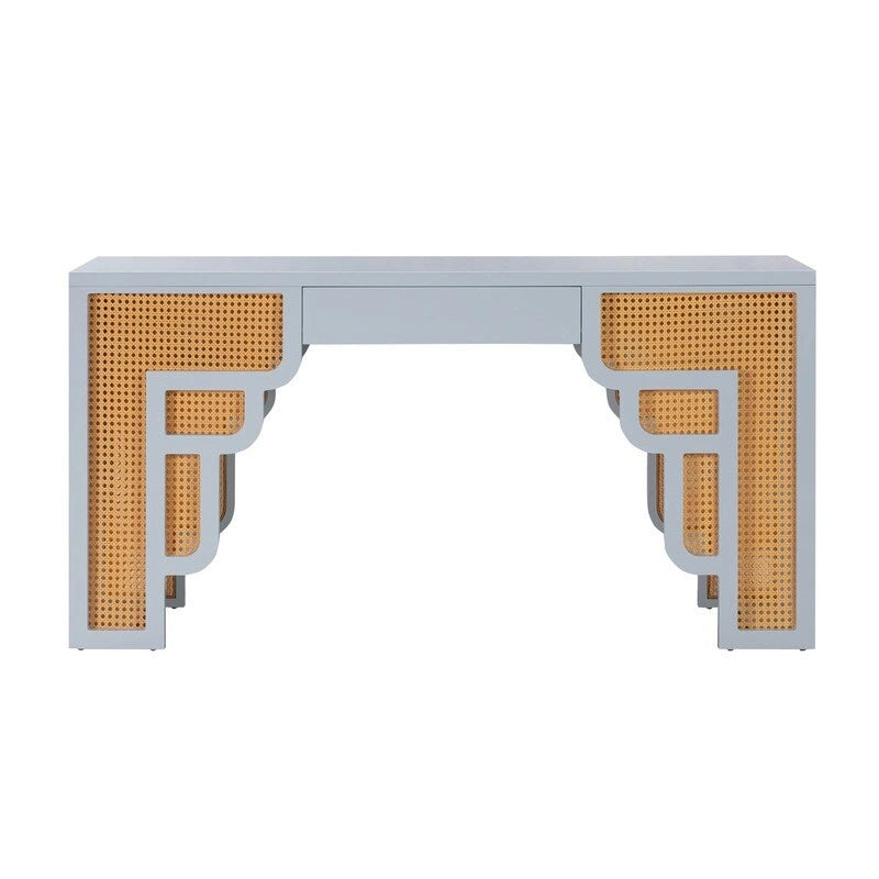 Bureau de style Art Déco en bois crème et rotin à tiroir unique