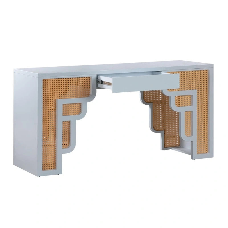 Bureau de style Art Déco en bois crème et rotin à tiroir unique