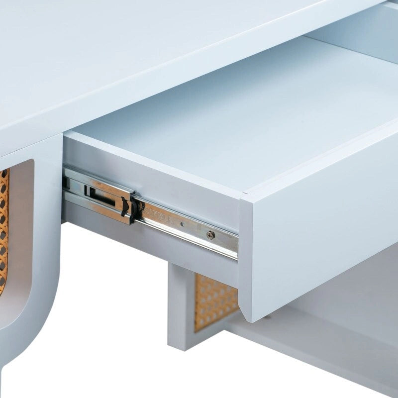 Bureau de style Art Déco en bois crème et rotin à tiroir unique