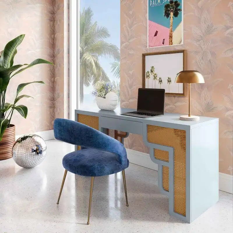 Bureau de style Art Déco en bois crème et rotin à tiroir unique