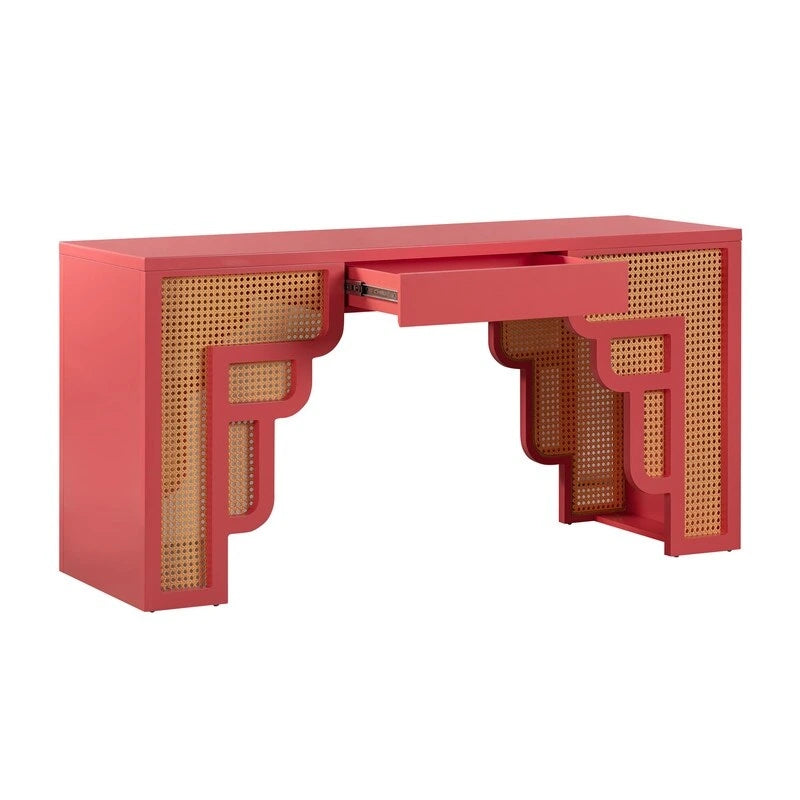 Bureau de style Art Déco en bois crème et rotin à tiroir unique