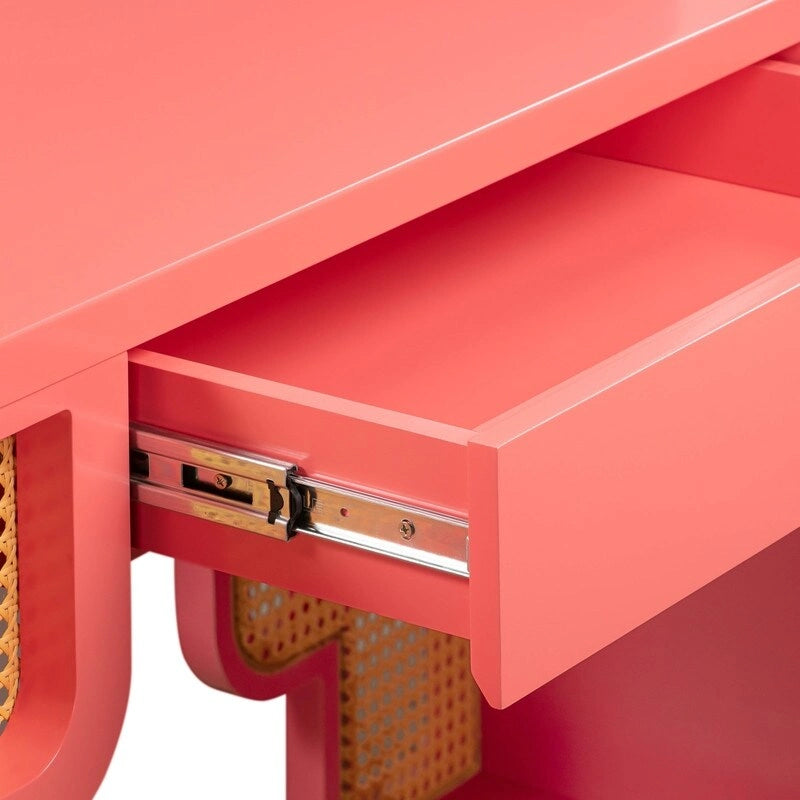 Bureau de style Art Déco en bois crème et rotin à tiroir unique