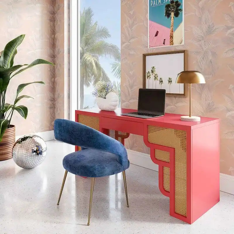 Bureau de style Art Déco en bois crème et rotin à tiroir unique