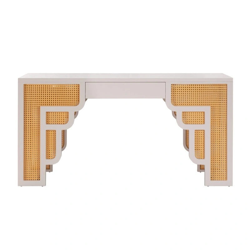 Bureau de style Art Déco en bois crème et rotin à tiroir unique