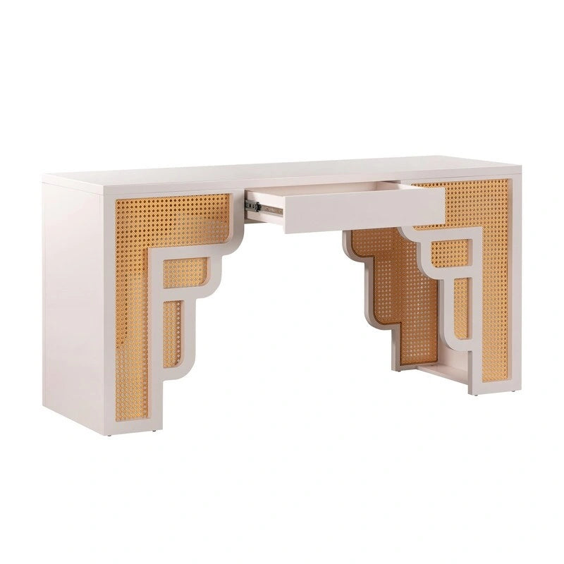Bureau de style Art Déco en bois crème et rotin à tiroir unique