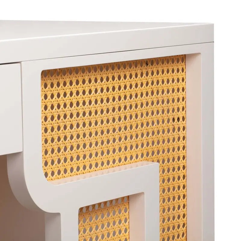 Bureau de style Art Déco en bois crème et rotin à tiroir unique