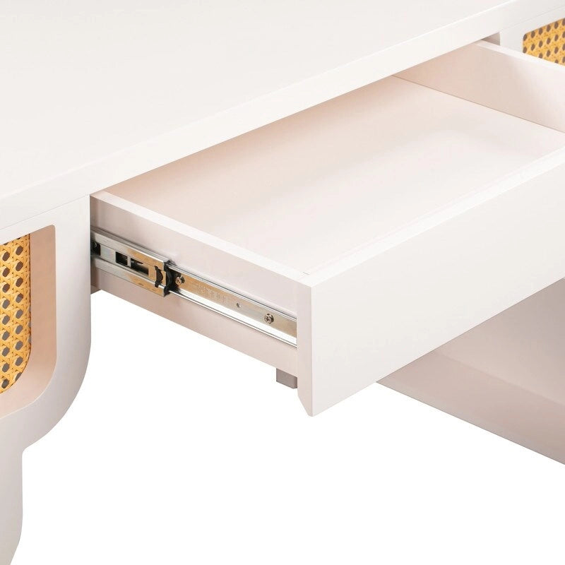 Bureau de style Art Déco en bois crème et rotin à tiroir unique