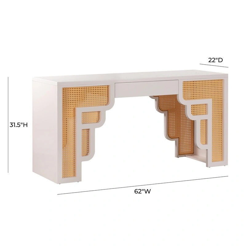 Bureau de style Art Déco en bois crème et rotin à tiroir unique