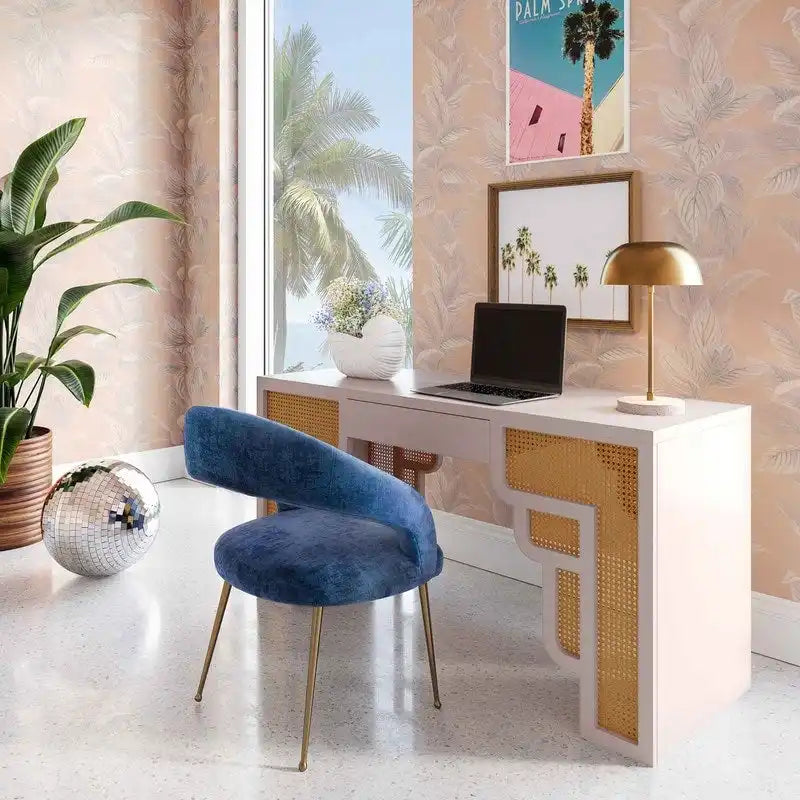 Bureau de style Art Déco en bois crème et rotin à tiroir unique