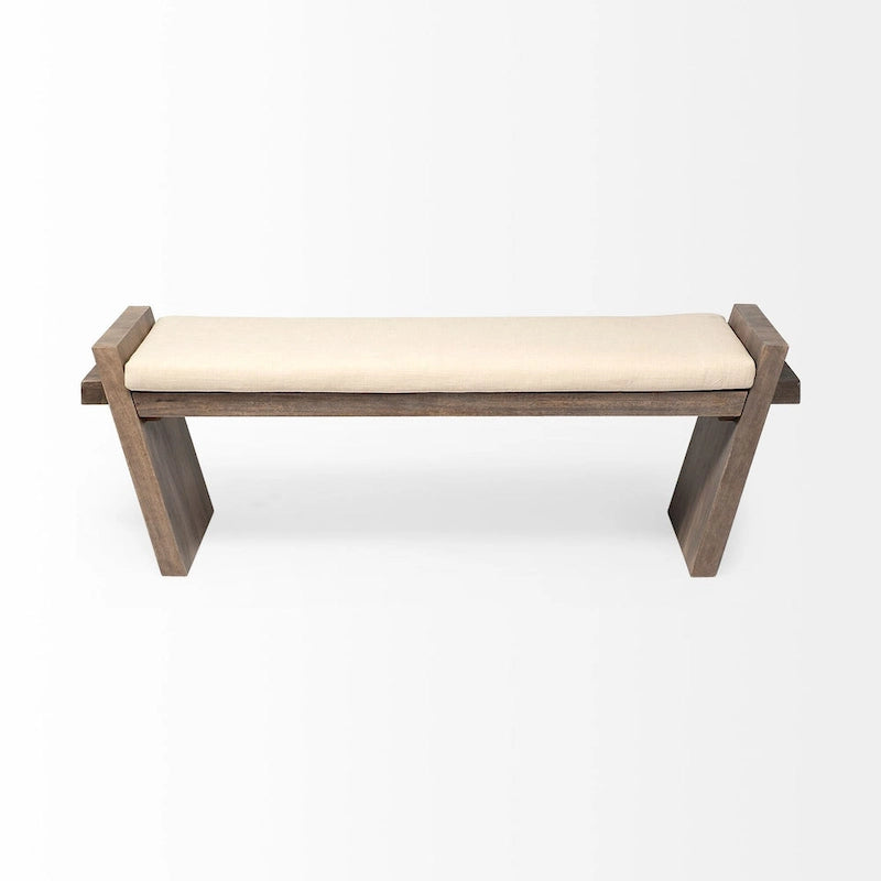 Banc d'entrée rembourré en tissu crème avec piètement angulaire en manguier marron