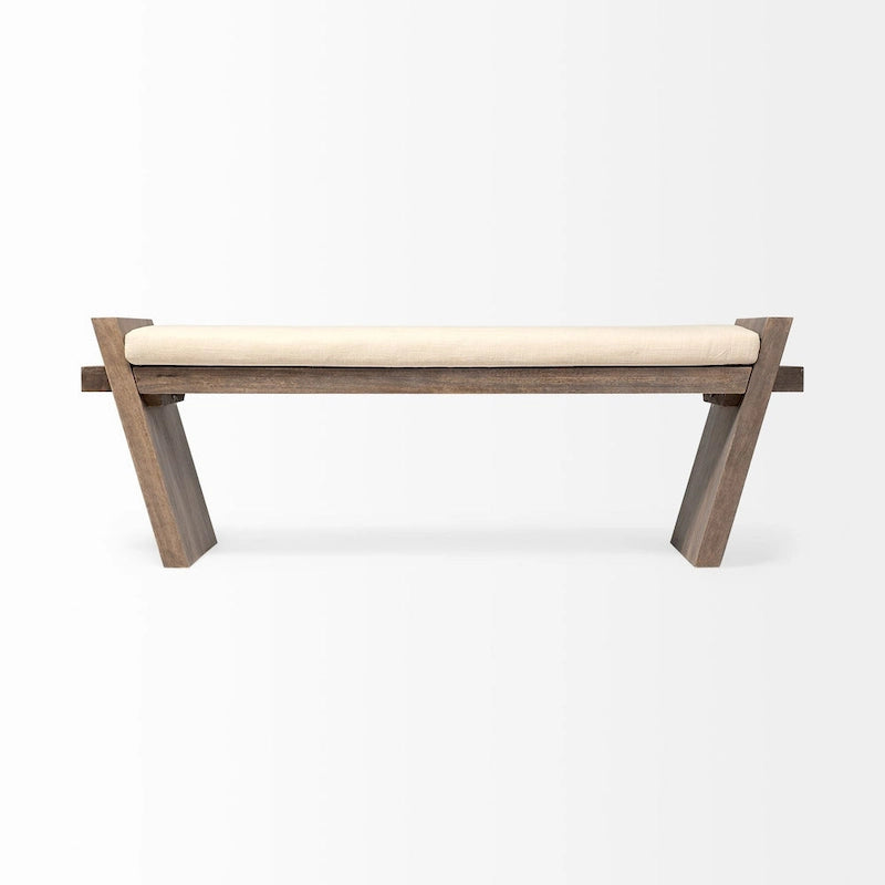 Banc d'entrée rembourré en tissu crème avec piètement angulaire en manguier marron