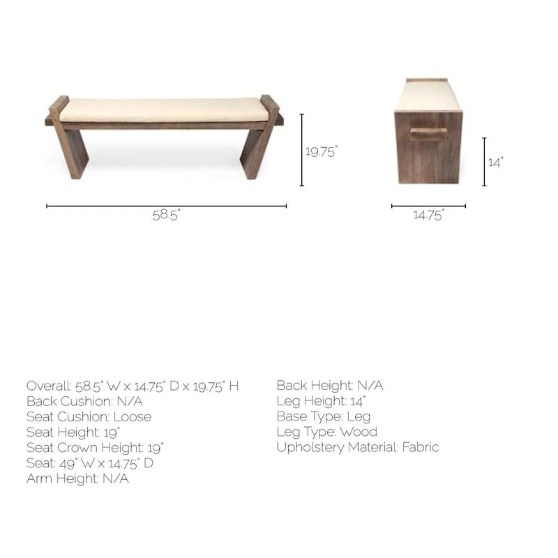 Banc d'entrée rembourré en tissu crème avec piètement angulaire en manguier marron