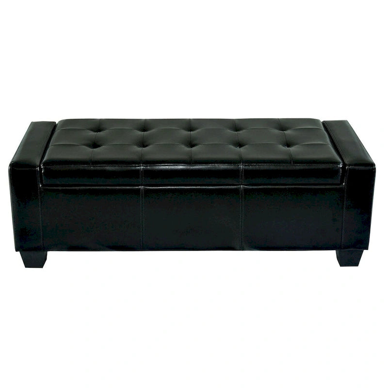 Banc de rangement capitonné en similicuir noir avec cadre en bois