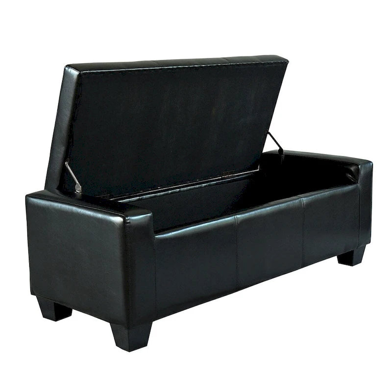 Banc de rangement capitonné en similicuir noir avec cadre en bois