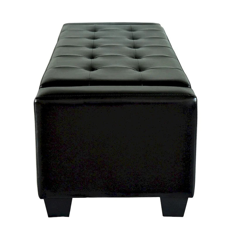 Banc de rangement capitonné en similicuir noir avec cadre en bois