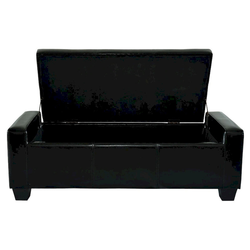 Banc de rangement capitonné en similicuir noir avec cadre en bois