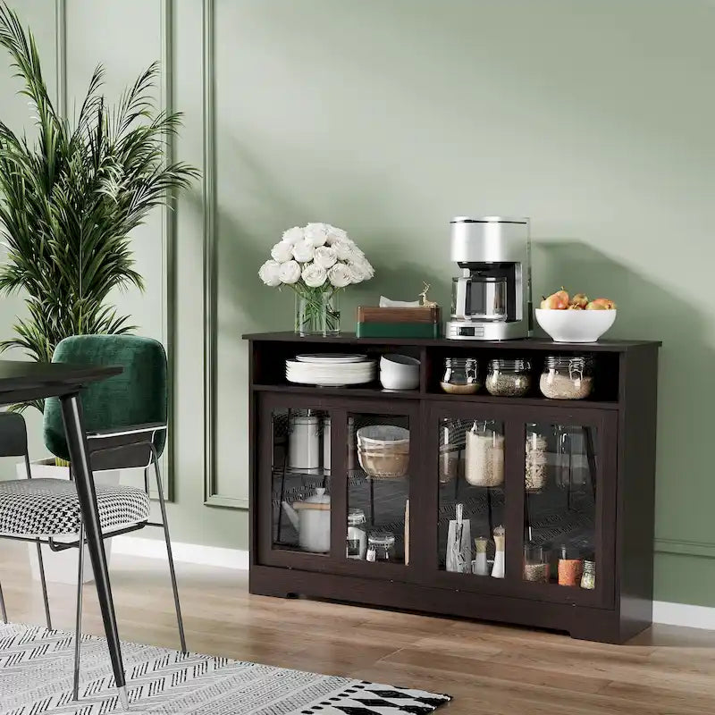 Bahut marron foncé avec portes vitrées coulissantes et étagère réglable