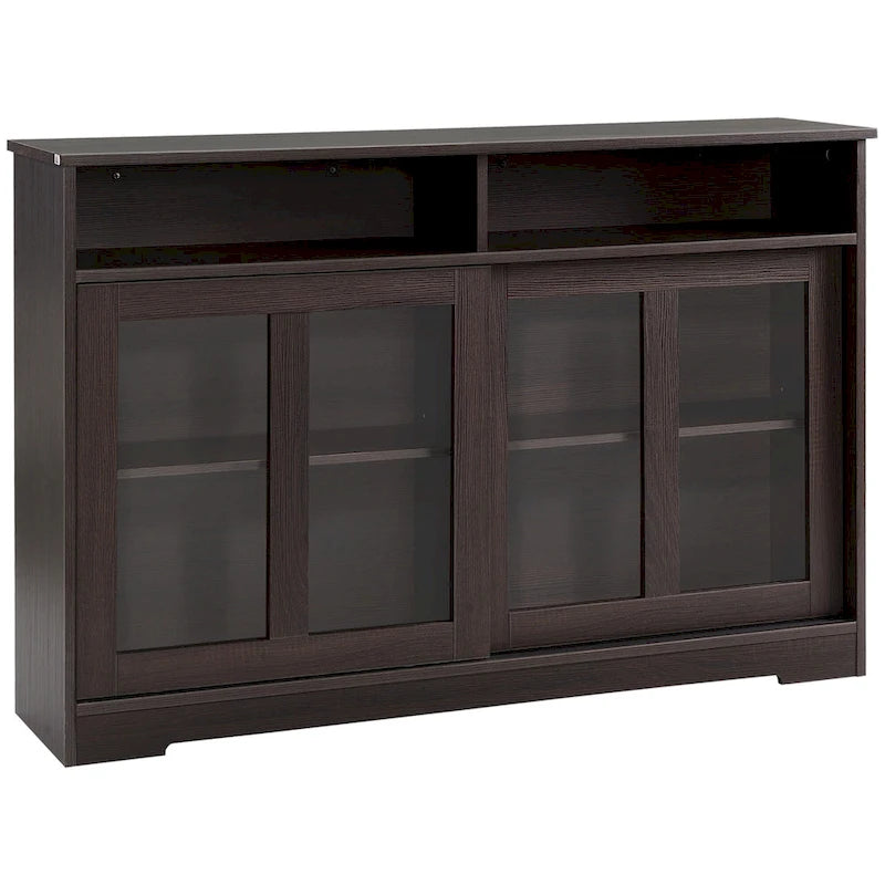 Bahut marron foncé avec portes vitrées coulissantes et étagère réglable