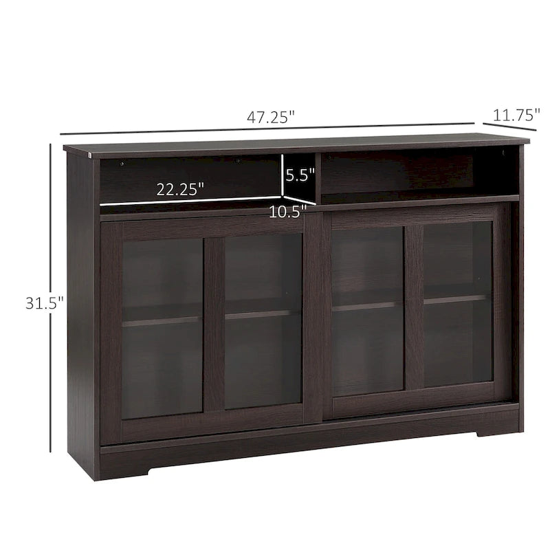 Bahut marron foncé avec portes vitrées coulissantes et étagère réglable