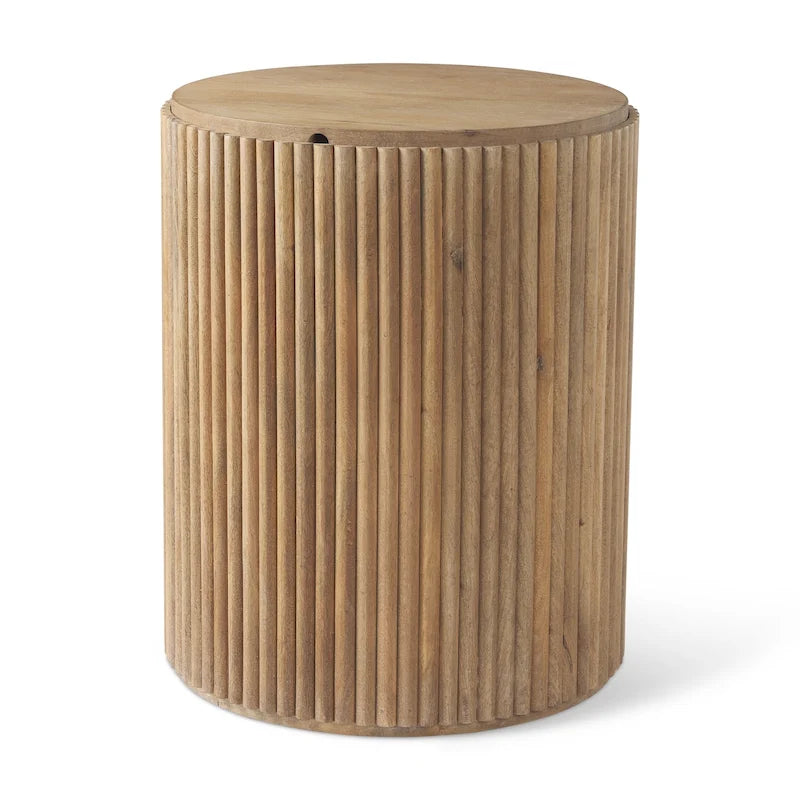 Table d'appoint ronde cannelée en bois de manguier massif avec rangement caché, marron clair