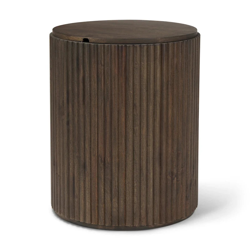 Table d'appoint ronde cannelée en bois de manguier massif avec rangement caché, marron clair