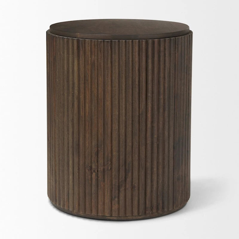 Table d'appoint ronde cannelée en bois de manguier massif avec rangement caché, marron clair