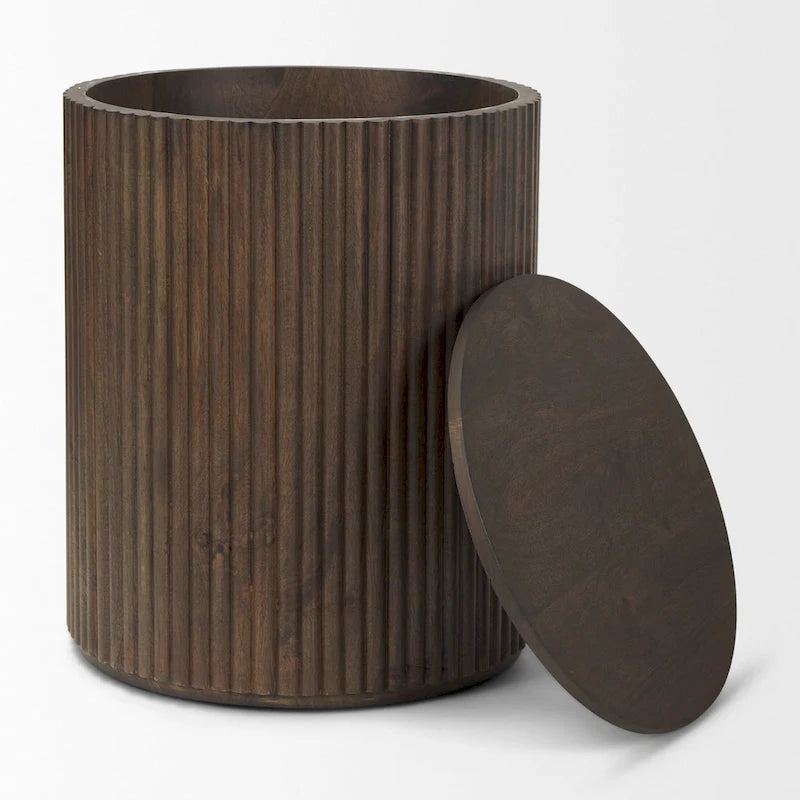 Table d'appoint ronde cannelée en bois de manguier massif avec rangement caché, marron clair