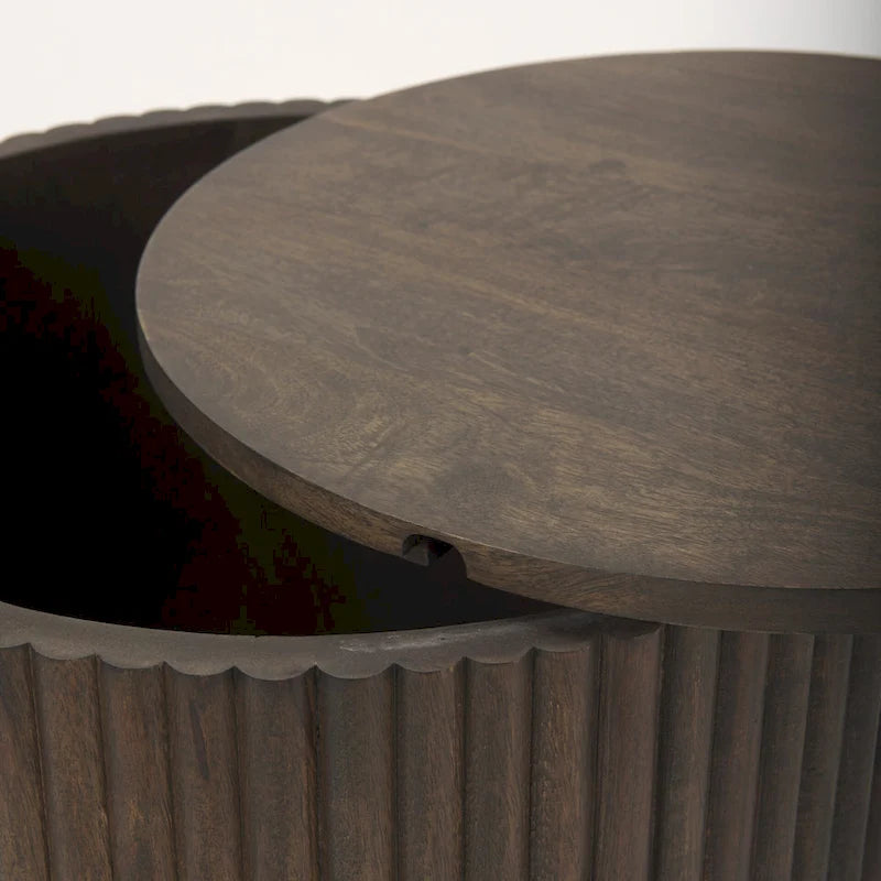 Table d'appoint ronde cannelée en bois de manguier massif avec rangement caché, marron clair