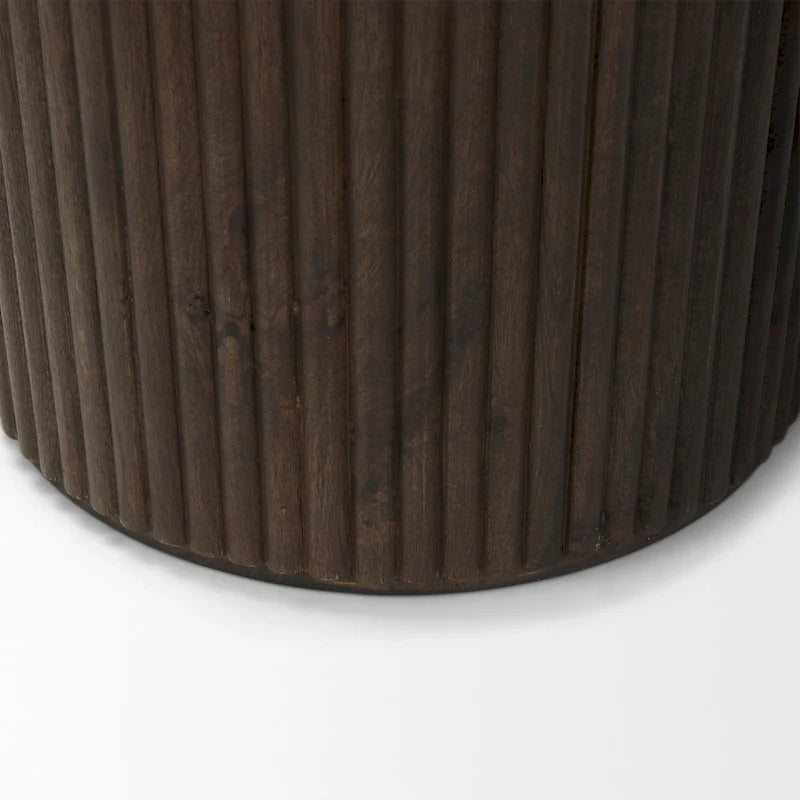 Table d'appoint ronde cannelée en bois de manguier massif avec rangement caché, marron clair