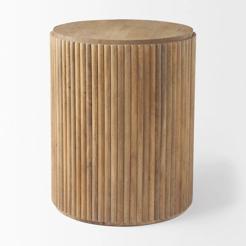 Table d'appoint ronde cannelée en bois de manguier massif avec rangement caché, marron clair