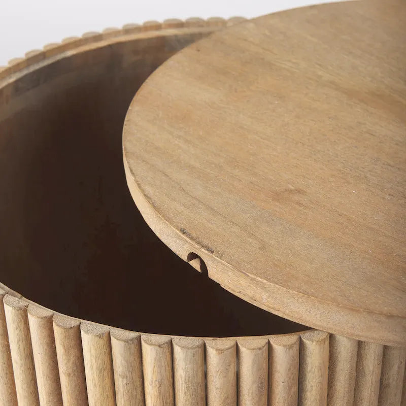 Table d'appoint ronde cannelée en bois de manguier massif avec rangement caché, marron clair