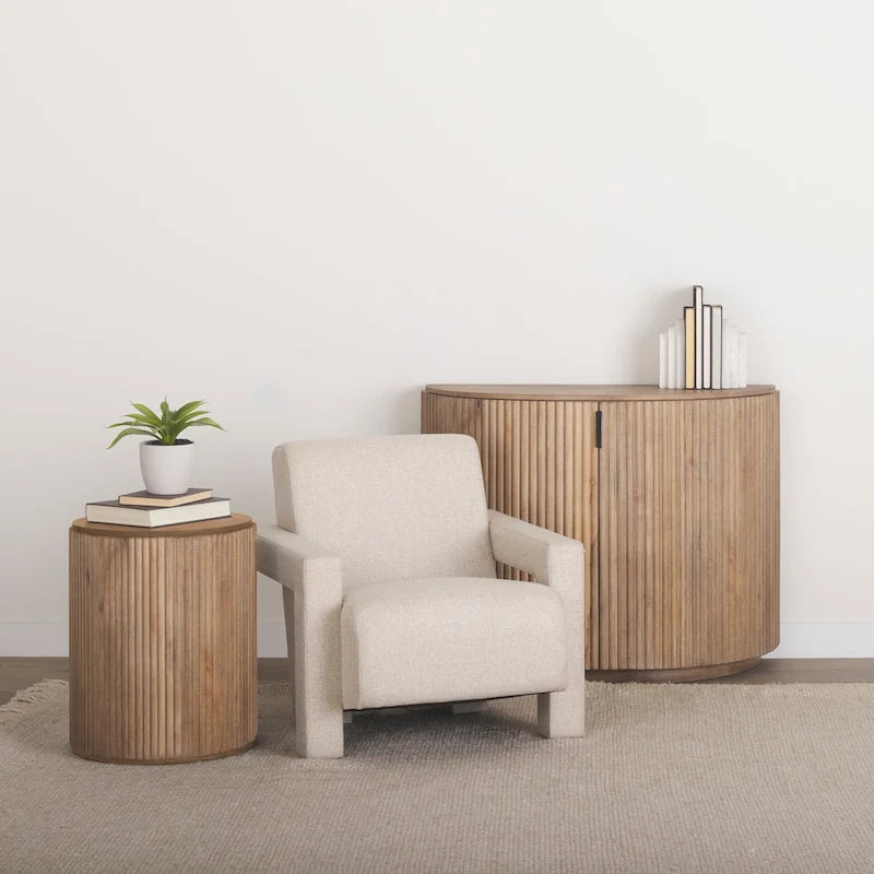 Table d'appoint ronde cannelée en bois de manguier massif avec rangement caché, marron clair