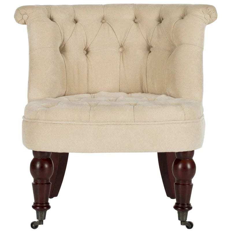 Fauteuil d'appoint capitonné, mélange de coton, dossier baquet capitonné, pieds en bois de bouleau, roulettes, crème naturelle