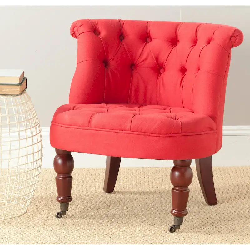 Fauteuil d'appoint capitonné, mélange de coton, dossier baquet capitonné, pieds en bois de bouleau, roulettes, crème naturelle