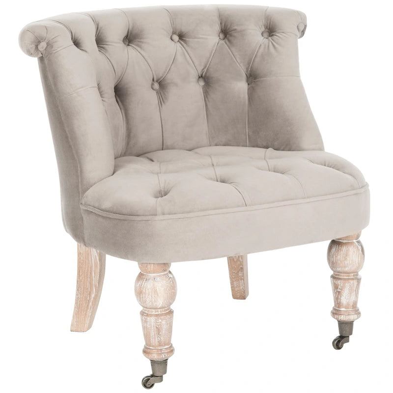 Fauteuil d'appoint capitonné, mélange de coton, dossier baquet capitonné, pieds en bois de bouleau, roulettes, crème naturelle