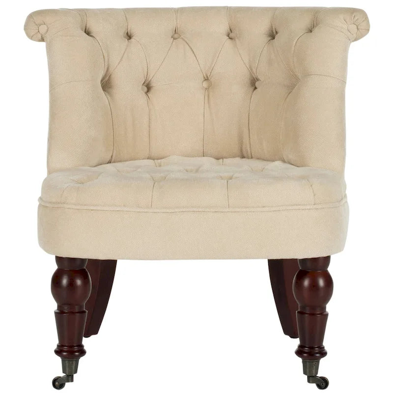 Fauteuil d'appoint capitonné, mélange de coton, dossier baquet capitonné, pieds en bois de bouleau, roulettes, crème naturelle