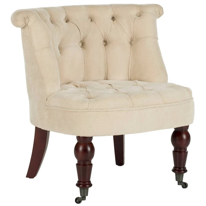 Fauteuil d'appoint capitonné, mélange de coton, dossier baquet capitonné, pieds en bois de bouleau, roulettes, crème naturelle