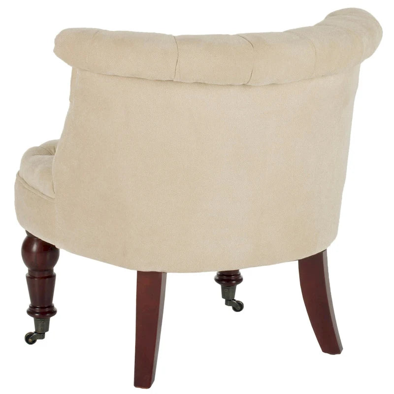 Fauteuil d'appoint capitonné, mélange de coton, dossier baquet capitonné, pieds en bois de bouleau, roulettes, crème naturelle