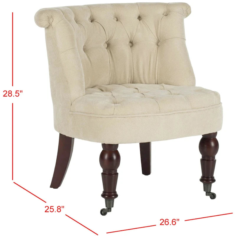 Fauteuil d'appoint capitonné, mélange de coton, dossier baquet capitonné, pieds en bois de bouleau, roulettes, crème naturelle