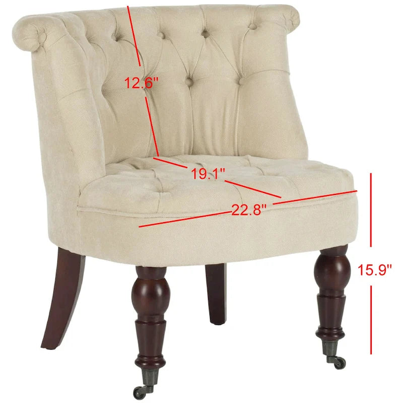 Fauteuil d'appoint capitonné, mélange de coton, dossier baquet capitonné, pieds en bois de bouleau, roulettes, crème naturelle