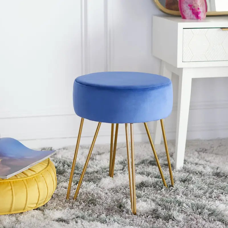 Pouf rond en velours avec pieds épingles dorés, tabouret d'appoint Mid-Century