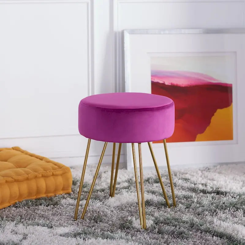 Pouf rond en velours avec pieds épingles dorés, tabouret d'appoint Mid-Century