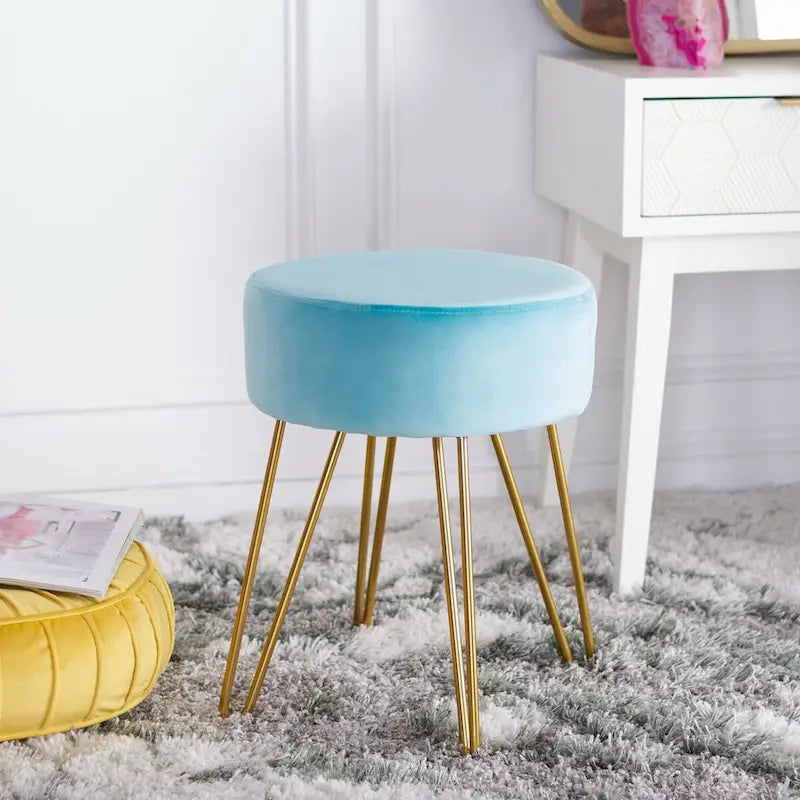 Pouf rond en velours avec pieds épingles dorés, tabouret d'appoint Mid-Century