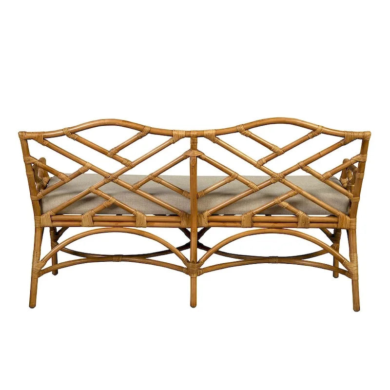 Banc en rotin avec coussin en lin, dossier à croisillons miel-brun