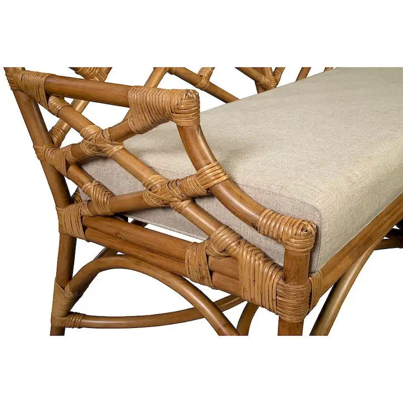 Banc en rotin avec coussin en lin, dossier à croisillons miel-brun