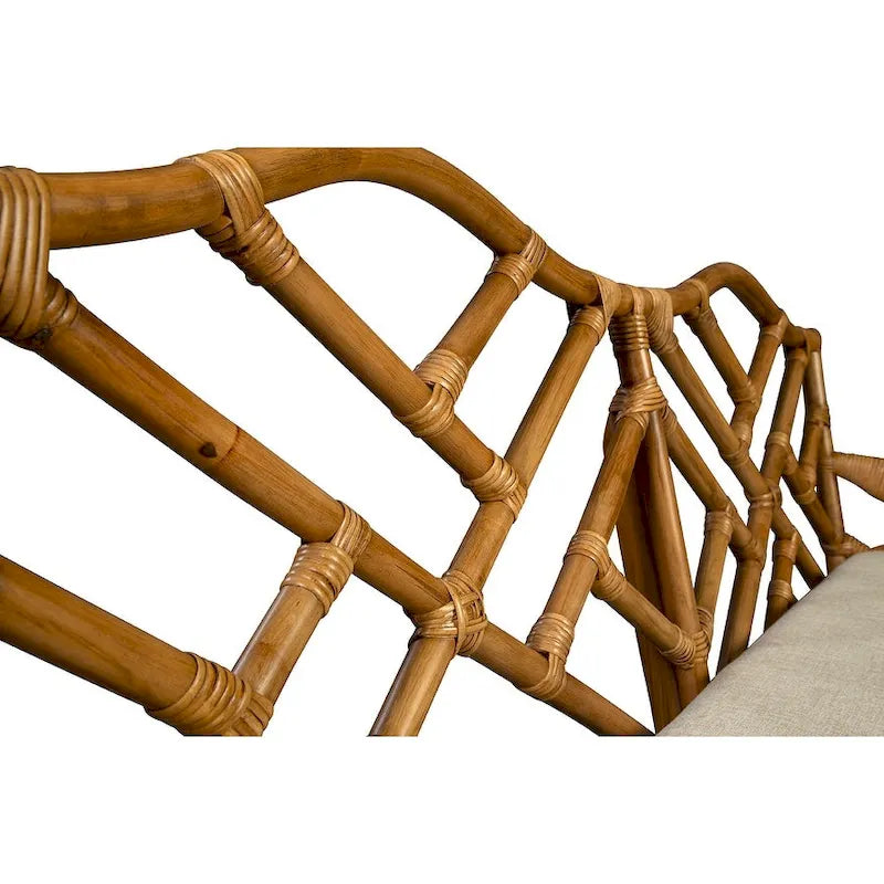 Banc en rotin avec coussin en lin, dossier à croisillons miel-brun