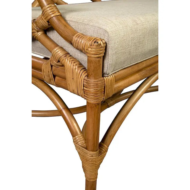 Banc en rotin avec coussin en lin, dossier à croisillons miel-brun