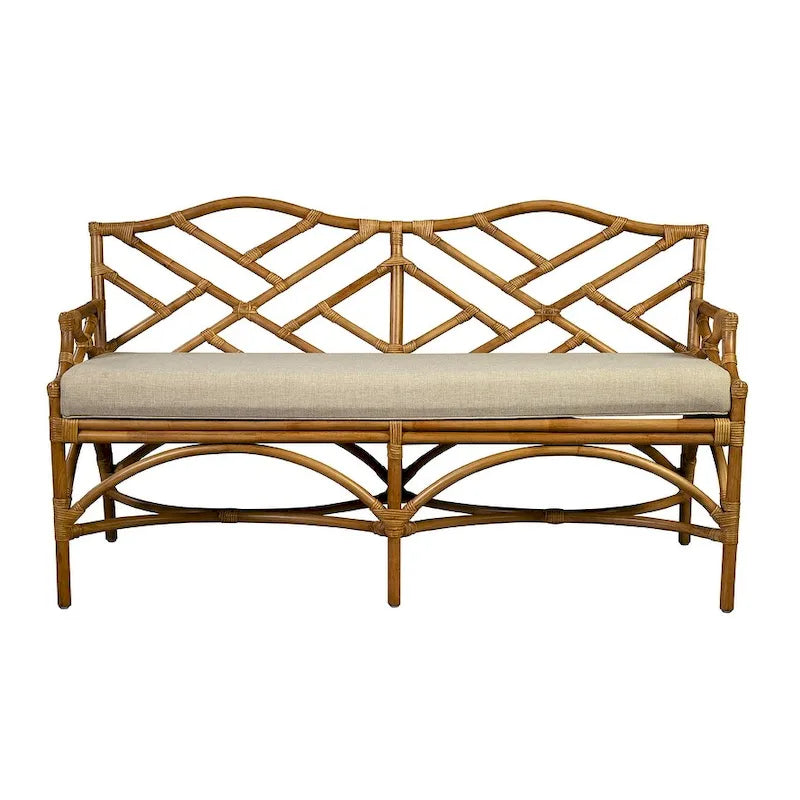 Banc en rotin avec coussin en lin, dossier à croisillons miel-brun