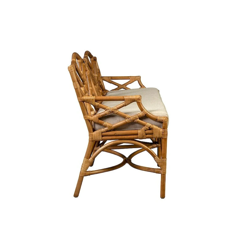 Banc en rotin avec coussin en lin, dossier à croisillons miel-brun