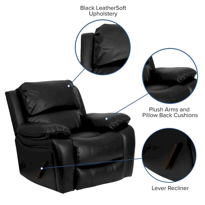 Fauteuil inclinable contemporain en cuir avec accoudoirs rembourrés, noir